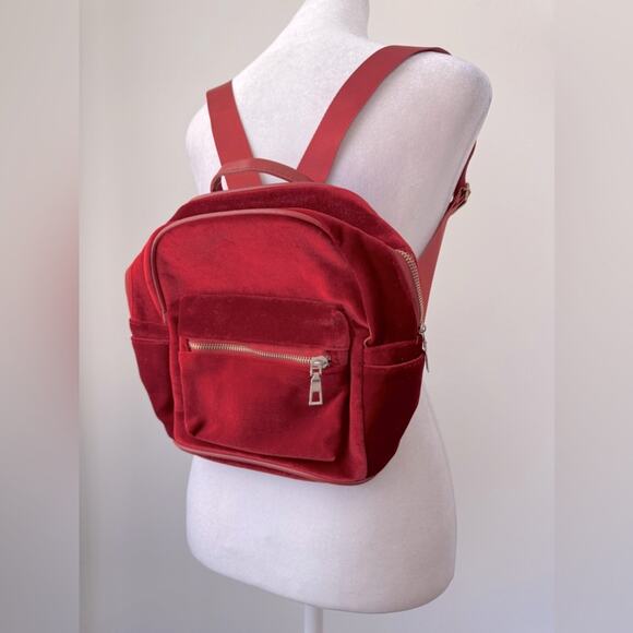 Red Velvet Multi Compartment Mini Backpack w/ Matching Pom Pom - Picture 3 of 10